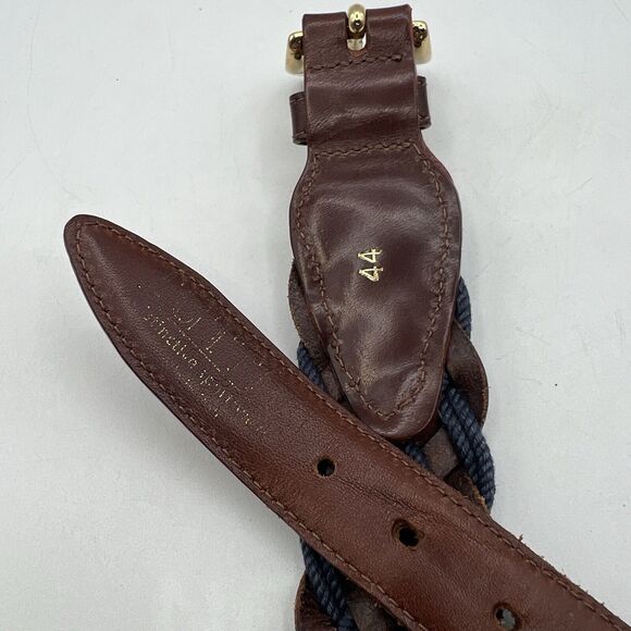 Mens Tuttle Woven Braided Leather Cord Belt Navy Brown Italy Gold Buckle 44 - Picture 5 of 7